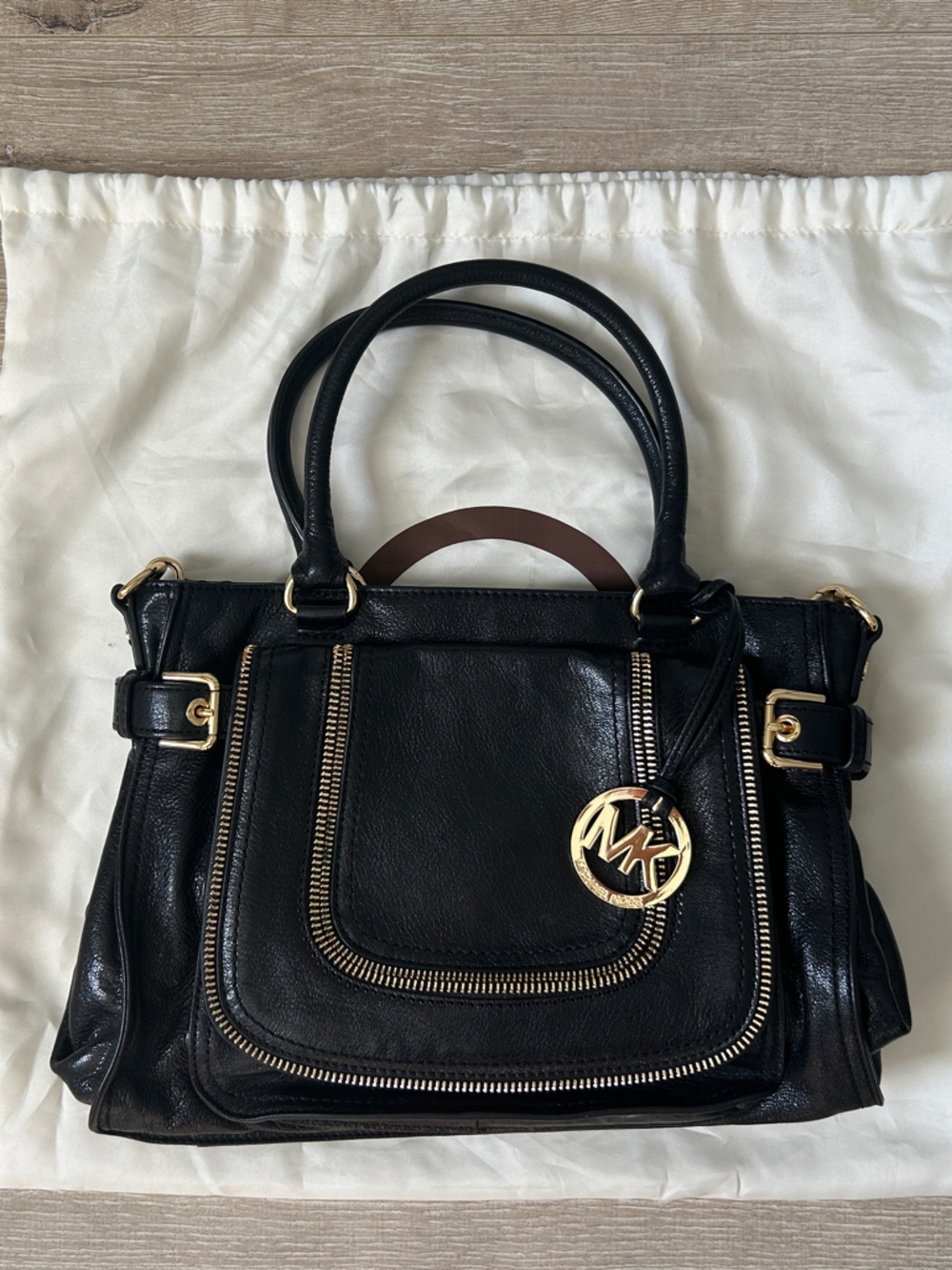 MICHAEL Michael Kors Black Leather Satchel with Gold Hardware and MK Logo